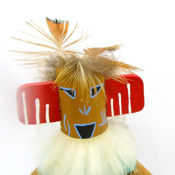 Talavai Kachina Doll With Feathers Wood & Leather 7" Native American Style Art - Picture 5 of 6